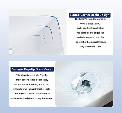19"x12" Semi-Recessed Vanity Sink – Compact for Small Bath/Powder | High‑fired for chip‑resistant durability Non‑porous glaze repels stains & odors Ultra‑smooth surface – wipe smudge‑free