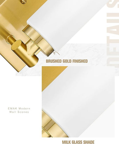 Emak Brushed Gold Wall Sconce, Modern Bathroom Vanity Sconces Wall Light Fixtures with Milk Glass Shade for Bathroom, Mirror, Living Room, Bedroom, Gallery, WS086-BGD-ML-2PK