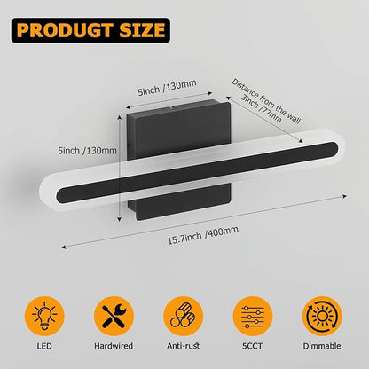 Modern LED Bathroom Vanity Light Fixtures, 5CCT Dimmable Bathroom Light Bar | Hardwired Vanity Light, 15.7-Inch 16W Black Makeup Mirror Lights