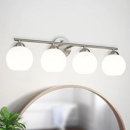 Emak Modern Brushed Nickel Vanity Light, 29 Inch Globe Bathroom Light Fixtures Over Mirror, 4 Light Bathroom Vanity Light with Milk Glass, VL114-BN-ML-4