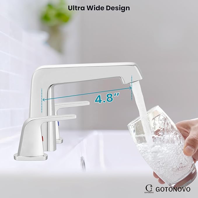 gotonovo Bathroom Sink Faucet 3 Holes 2 Handles Widespread 8 Inch Bathroom Faucet with Pop Up Drain Hot Cold Water Supply Lines Lavatory Vanity Mixer Tap, Thick Style, Polish Chrome