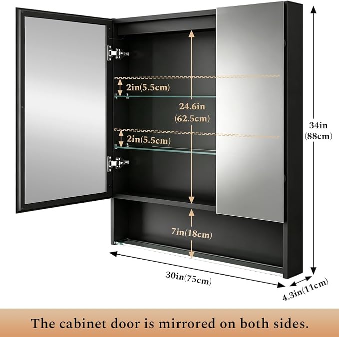 30"×34" Lighted Medicine Mirror Cabinet with Storage Adjustable Brightness 3 Color Temperature Lighting Anti-Fog Sturdy Aluminum Medicine Cabinet with Lights 2 Socket & 2 USB Ports & Adjustable Shelf