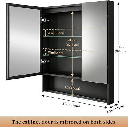 30"×34" Lighted Medicine Mirror Cabinet with Storage Adjustable Brightness 3 Color Temperature Lighting Anti-Fog Sturdy Aluminum Medicine Cabinet with Lights 2 Socket & 2 USB Ports & Adjustable Shelf