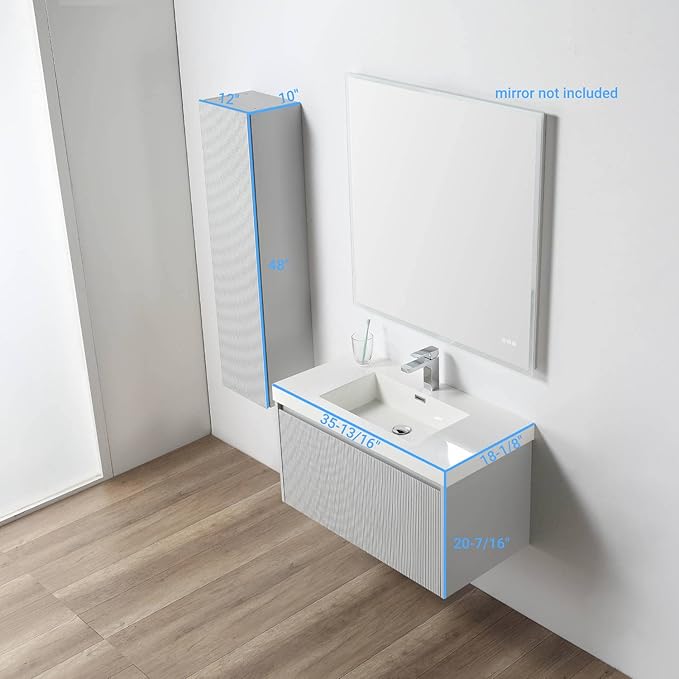 Blossom 36 Inch Bathroom Vanity with Sink and Side Cabinet, All Wood Floating Bathroom Vanity with Acrylic Sink, Bathroom Sink Cabinet with Soft-Close Drawer, Modern Style Vanities, Light Grey