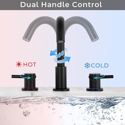 Black 8 Inch Widespread Bathroom Faucet 3 Hole with Pop-up Drain | 2 Handle, 8 Inch 3 Hole Sink, 360° Swivel Spout, RV Vanity, Quick Connect, Supply Hoses, NSF372 NSF61 cUPC