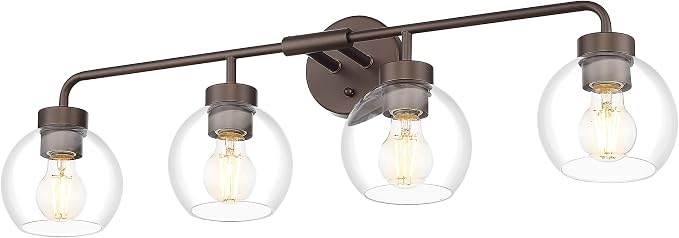 zeyu Oil Rubbed Bronze 32-Inch 4-Light Bathroom Vanity Light, ZS62BG-4W ORB | Bathroom Lights Fixtures Over Mirror, Hardwired, ETL Listed, Up/Down Mount, Clear Globe Glass Shades, For Bathroom Mirror
