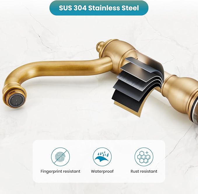 gotonovo 8 Inch Widespread Bathroom Faucets for Sink 3 Hole 2 Lever Handle Deck Mount with Pop Up Drain Hot and Cold Water Supply Lines Antique Brass