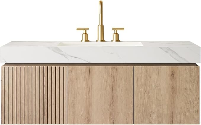 KEIKI 48 Inch Floating Bathroom Vanity with Sink, White Oak & White | Modern Wall Mounted Storage Cabinet w/ Drawer & Door, Pre-assembled Wood Panels, Sintered Stone Top & Ceramic Basin Combo Set