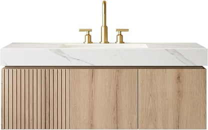 KEIKI 48 Inch Floating Bathroom Vanity with Sink, White Oak & White | Modern Wall Mounted Storage Cabinet w/ Drawer & Door, Pre-assembled Wood Panels, Sintered Stone Top & Ceramic Basin Combo Set
