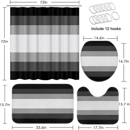 Bathroom Sets with Shower Curtain and Rugs 4 Pcs, Abstract Striped | Modern Ombre Lines Bathroom Decor Set with Toilet Lid Cover, Non-Slip Bath Mats and Accessories 12 Hooks