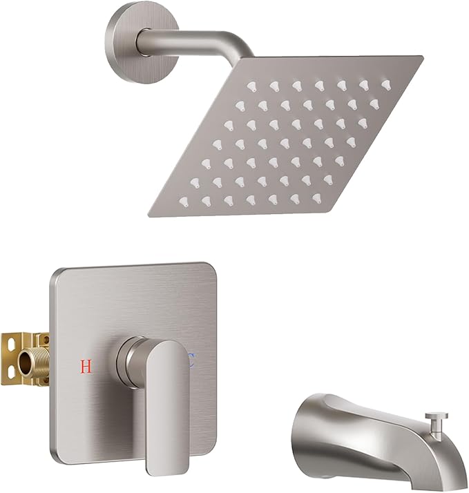 Shower Faucet Set Bathtub Faucet Set with Valve Included Shower Valve Kit with All-Metal High Flow Tub Spout,6 Inch High Pressure Head,Solid Brass Valve Body and Metal Handle Trim,Brushed Nickel