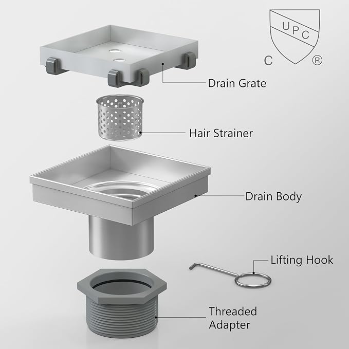 4 Inch Square Shower Drain with Tile Insert Grate, Brushed | 304 Stainless Steel, Square Tile Floor Drain for Bathroom, Removable Tile-In Drain Grate with Hair Strainer, cUPC Certified
