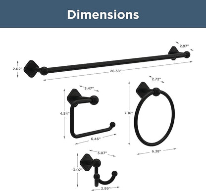 Franklin Brass Gainesville 4-Piece Bathroom Set Matte Black 18" + 6" Towel Rack, Toilet Paper Holder, Hand Towel Holder, Hook | 4-Piece Bath Hardware Accessories Set GNV64-MB