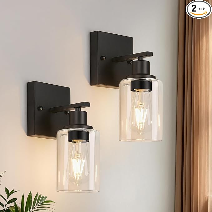 Indoi 1-Light Bathroom Light Fixtures, Matte Black Modern Vanity Lights with Clear Glass Shades, Bathroom Wall Lamp for Mirror Living Room Cabinet Bedroom Porch