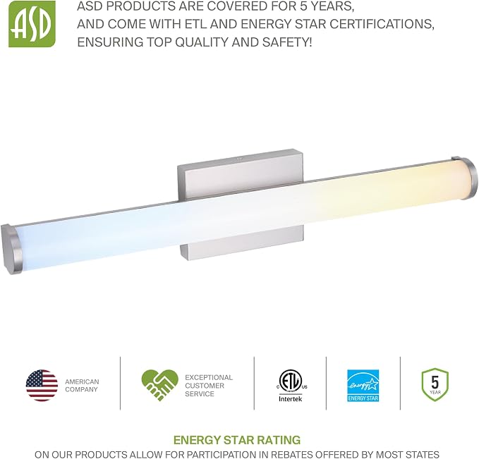 ASD 18" LED Linear Vanity Light Fixture, Modern Bathroom Sconce — 3 Color 3000K-5000K, Dimmable, 20W 1500LM, Energy Star & ETL Listed — Over Mirror Makeup Bar for Bedroom, Cabinets — Nickel, 2 Pack