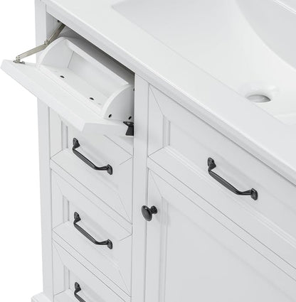 36" Bathroom Vanity with Ceramic Sink,Freestanding Storage Cabinet w/Soft-Close Door and 2 Tip-Out & 2 Drawers,Undermount Single Basin Bath Vanity Set w/Adjustable Shelf,White