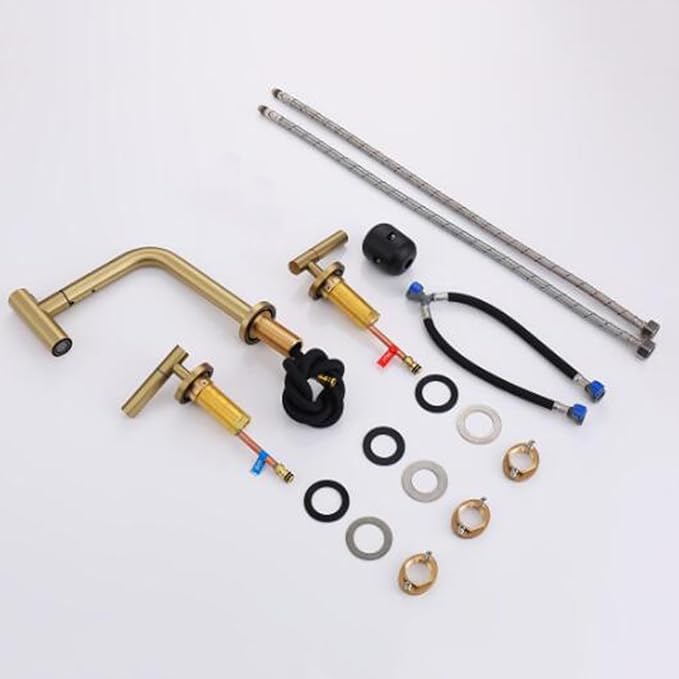 3 Hole Basin Faucets Pull Out Basin Mixer Faucet Brushed Gold Brass Bathroom Mixer Faucet Dual Mode-Brushed Gold