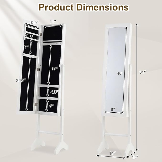 Giantex Jewelry Armoire with Full Length Mirror, Freestanding Jewelry Organizer Cabinet with Ring Slots, Earring Holders, Necklace Hooks & Storage Shelves for Bedroom (White)