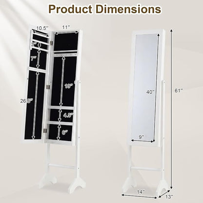 Giantex Jewelry Armoire with Full Length Mirror, Freestanding Jewelry Organizer Cabinet with Ring Slots, Earring Holders, Necklace Hooks & Storage Shelves for Bedroom (White)