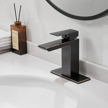 RUMOSE Oil Rubbed Bronze Bathroom Faucets Set with Pop Up Drain Single Handle Bathroom Sink Faucet 1 & 3 Hole Waterfall Spout Vanity Faucet Kit with Deck Plate Lavatory Basin Faucet, Stainless Steel