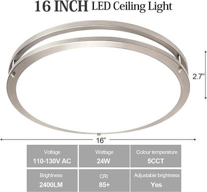 16inch LED Flush Mount Ceiling Light Fixture Dimmable Brushed Nickel, Easy Install Ceiling Lamp Fixture Without Flicker, Super Bright 48W 4800LM 5CCT Warm to White Light 3000K to 6000K 2-Pack