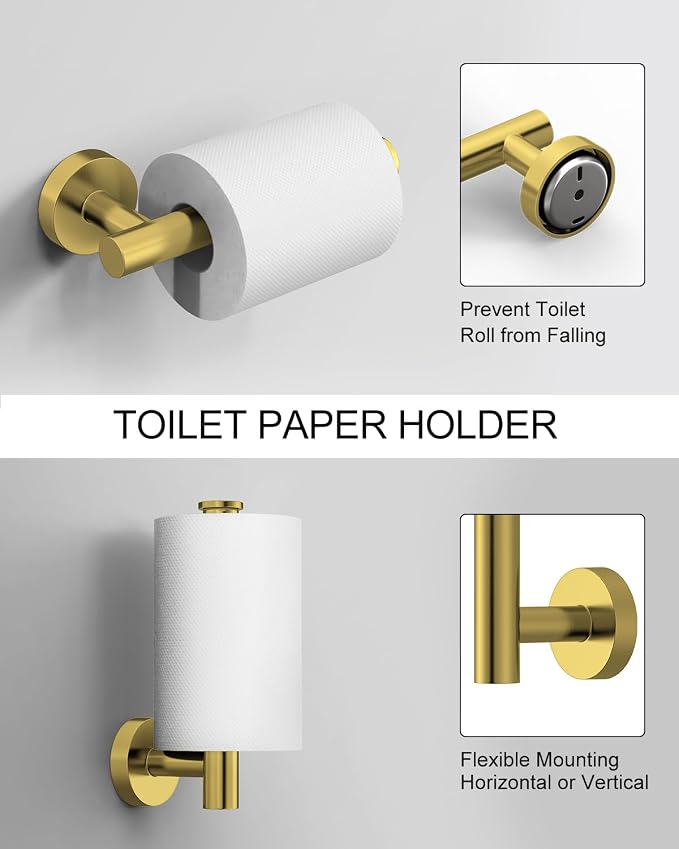 Wall-Mount Towel Bar Bathroom Hardware Accessory Set 12-Piece | Brushed Gold,Stainless Steel,Wall Mount,Bathroom Hardware Set,Simple DIY installation,Stain-resistant and easy to maintain