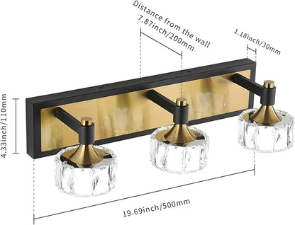 Modern Black Gold Bathroom Vanity Light Fixture 3-Light Dimmable LED Crystal Vanity Light for Over Mirror, Stylish Bath Wall Lights in Black and Gold Finish