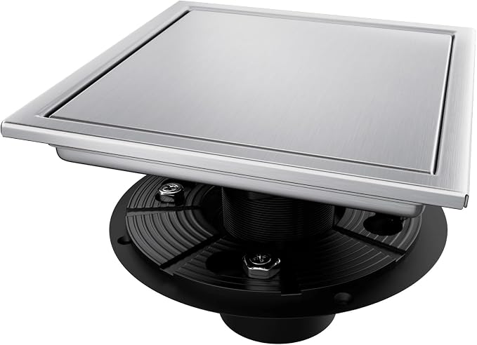 Square Shower Drain Silver 6 inch with 2 in 1 Tile-Insert Cover | AISI 304 Stainless Steel Brushed Shower Floor Drain with Removable Hair Catcher and Flange Fits Bathroom Balcony Kitchen