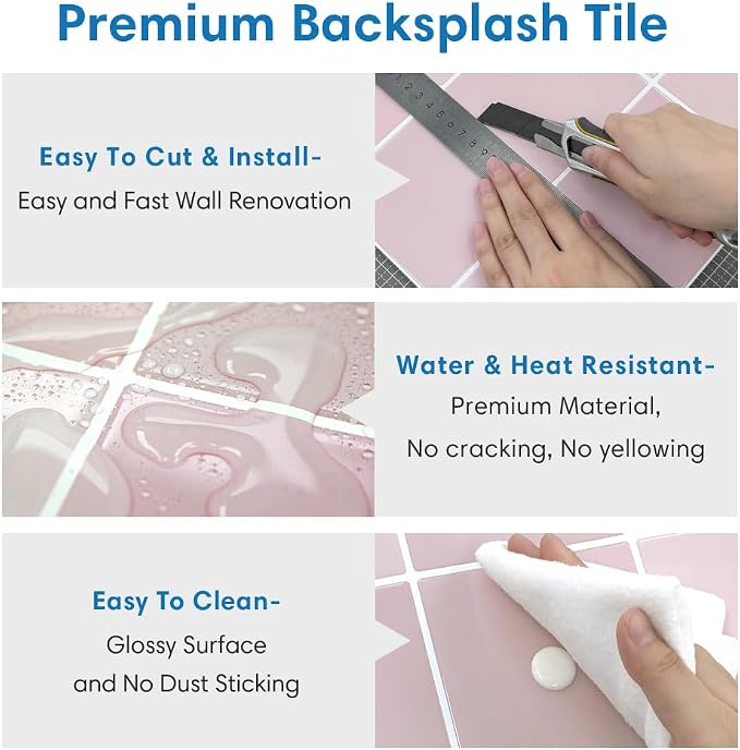 Thicker 3D Peel and Stick Backsplash Tiles, 10 Pcs 12" x 12" | Pink, 10 Pcs 12" x 12", Glossy Self Adhesive Decorative Vinyl Backsplash Wall Sticker, Cover 10 sq ft，Removable，Waterproof