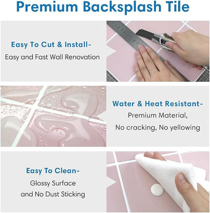 Thicker 3D Peel and Stick Backsplash Tiles, 10 Pcs 12" x 12" | Pink, 10 Pcs 12" x 12", Glossy Self Adhesive Decorative Vinyl Backsplash Wall Sticker, Cover 10 sq ft，Removable，Waterproof