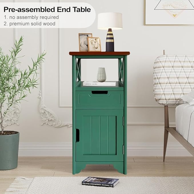 30 Inches Tall End Table, Fully Assembled Bathroom Floor Cabinet with Shelf and Storage, No Assembly Nightstand with Drawer for Bedroom-Brown&Green