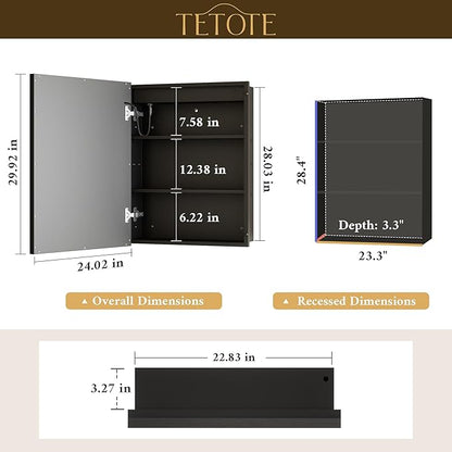 TETOTE 24 x 30 Black Led Lighted Medicine Cabinet Mirror with 3-Color Lights, Wall Mount or Recessed Cabinet Mirror for Bathroom with Storage, Tempered Glass, 2 Outlets, Anti-Fog, Adjustable Shelf
