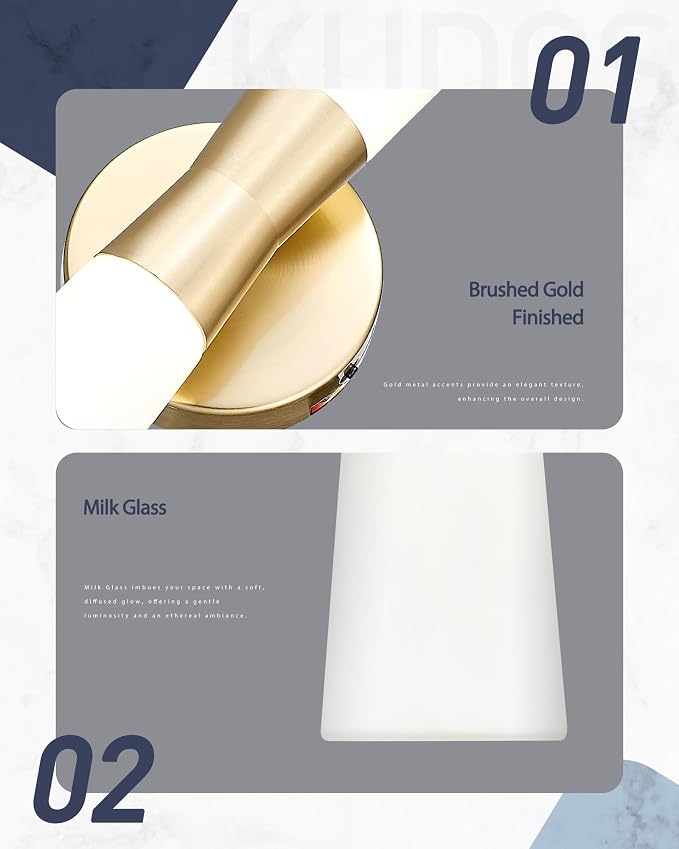 kudos 16 Inch Brushed Gold Vanity Light, Milk White Glass, 3CCT, KDVL13-GD | LED, 14W, 1100 Lumens, 3000K, 4000K and 5000K Selectable, Hardwired,for Bathrooms and Bedrooms