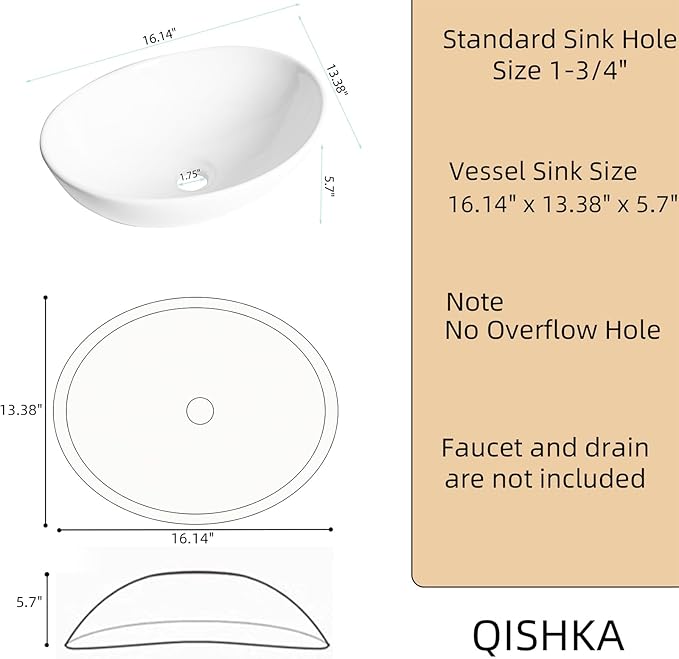 Oval Bathroom Vessel Sink Above Counter, QISHKA 16" x 13" Countertop Vanity Sink Modern Art Basin Lavatory White Ceramic White Bowl Sink