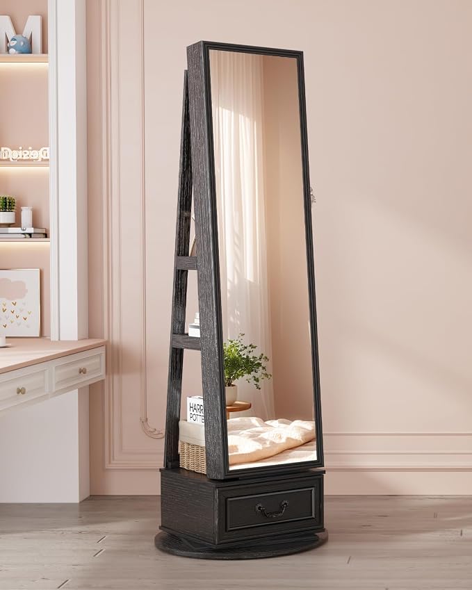 Vlsrka Mirror Jewelry Cabinet Standing with Lights, Lockable, Swivel, Black | Standing Jewelry Armoire with Full Length Mirror, Large Jewelry Organizer Storage with Foldable Makeup Shelf, 3 LED Lights