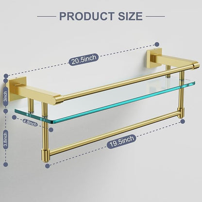 Bathroom Glass Shelf with Towel Rack Organizer Wall-Mounted Bathroom Storage SUS304 Stainless Steel Track Wall-Mounted Tempered Glass Stainless Steel Shelf (Brushed Gold, 20-inch)