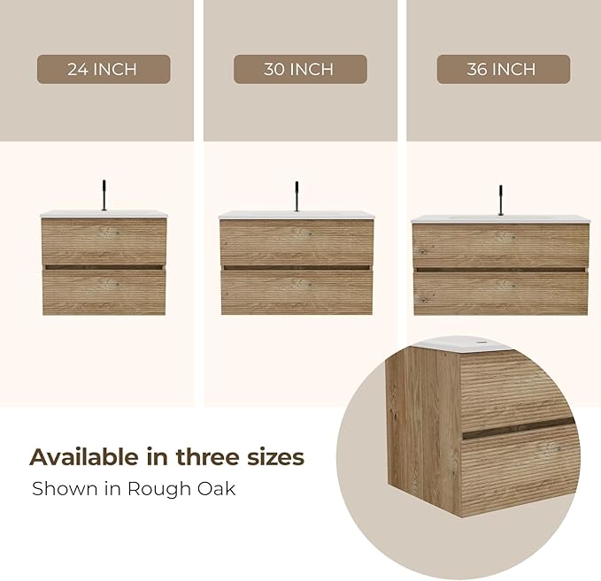 30'' Floating Bathroom Vanity with Sink Combo, Medium Bathroom Cabinet with 2-Soft Close &Large Storage Drawers, for Small Space, Apartment, Hotel, Rough Oak