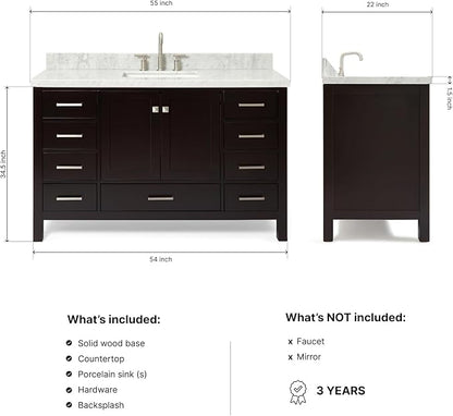 ARIEL Cambridge 54-inch Bathroom Vanity with Sink,Solid Wood, 1.5-inch Italian Carrara Marble Countertop, Single Rectangular Porcelain Sink, 2 Soft Closing Doors, 9 Dovetail Drawers, Espresso