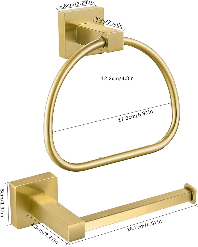 Leyden Gold Toilet Paper Holder Hand Towel Holder, Brushed Brass Toilet Roll Holder Towel Ring, Modern Bathroom Hardware Set Stainless Steel Wall Mounted 2 Pieces