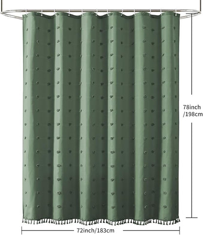 LilyCat Dark Green Boho Tufted Floral Shower Curtain with Tassel, 72" x 78" | Waterproof Boho Fabric Shower Curtain Set with Hooks, Cute Rustic Vintage Bathroom Décor, Minimalist Cloth Bathroom Curtain