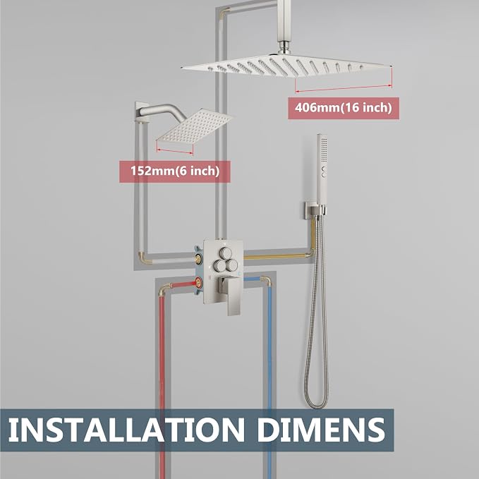 Aolemi Ceiling Shower Faucet Set System Dual Head 16&6 Inch Brushed Nickel | 2 in 1 Handheld Spray,Shower Valve and Trim Kit,Push Button Diverter, 16"Top+6" Wall Rain Head,Bathroom Mixer for Couple