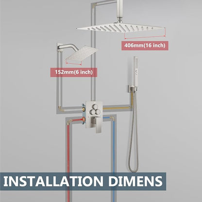 Aolemi Ceiling Shower Faucet Set System Dual Head 16&6 Inch Brushed Nickel | 2 in 1 Handheld Spray,Shower Valve and Trim Kit,Push Button Diverter, 16"Top+6" Wall Rain Head,Bathroom Mixer for Couple