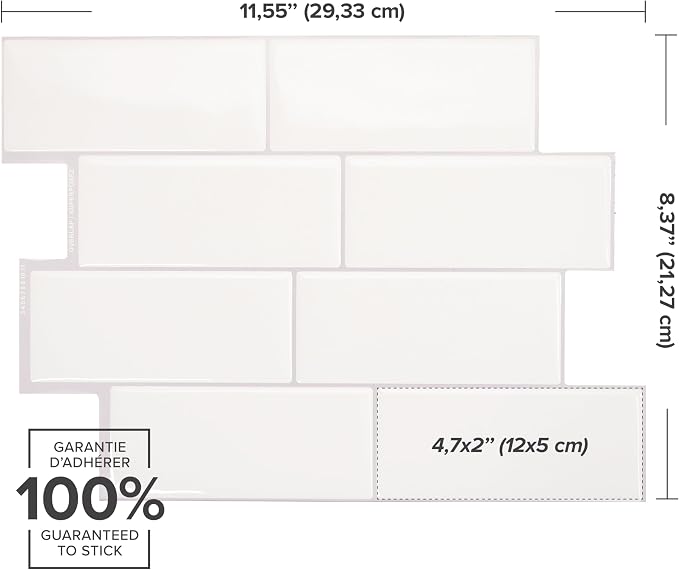 Smart Tiles Peel and Stick backsplash, Subway Soft White, 11.55"x8.38" | Pack of 5 (2.8 sq ft), Glossy, Heat/Moisture Resistant, Low VOC, Kitchen/Bathroom, Renter Friendly, Made in Canada