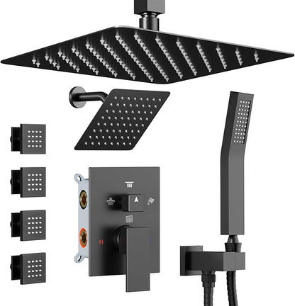 Shower Systems with Body Jets, STARBATH 4 Way 12+6" Rainfall Shower Head with Handheld Spray Combo, Ceiling Mounted Shower Jets System in Wall Shower Faucet Sets Complete, Matte Black