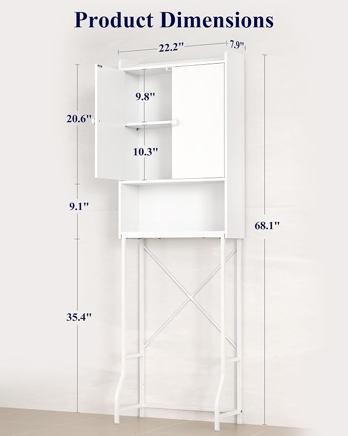 Kitsure 68.1"H Over Toilet Storage Cabinet, Magnetic Door, Adjustable Shelf | Bathroom, Laundry Room, Small Spaces, Families, Multi-Compartment Storage, Anti-Tip Design, White, 3 Tier Storage