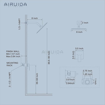 Airuida Matte Black Shower Faucet Set,8 Inch Shower Valve Kit | Square Showerhead,Female Thread Rough-in Valve,Bathroom Rain Shower System,Single Function Handle