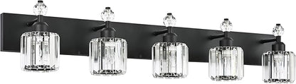 PRESDE 5-Light Crystal Bathroom Vanity Light Modern Matte Black Bathroom Lights Fixtures Over Mirror Wall Lamp for Over Mirror Bedroom Hallway