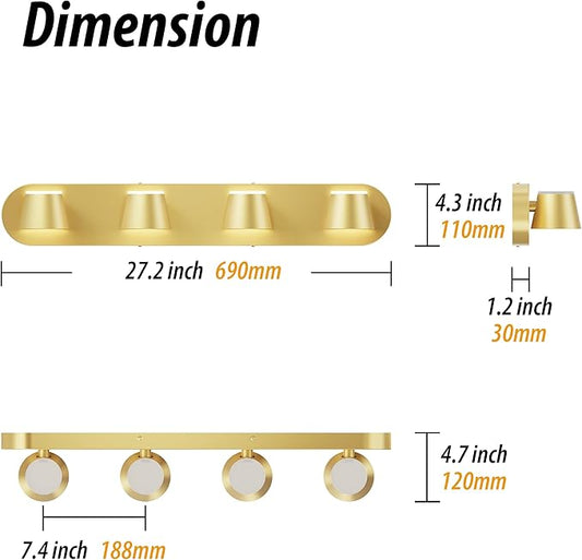 URSOLA 4 Light Bathroom Vanity Light, LED Gold Wall Light Fixtures, Up and Down Rotatable Dimmable 27 inch Bathroom Lighting Fixtures Over Mirror