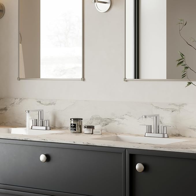 BWE Brushed Nickel Bathroom Faucets 4 in Centerset Faucet for Bathroom Sink | 2 or 3 Hole Basin 2-Handle 360° Swivel Spout Sink Faucet with Pop up Drain and Water Supply Hose for Farmhouse Vanity