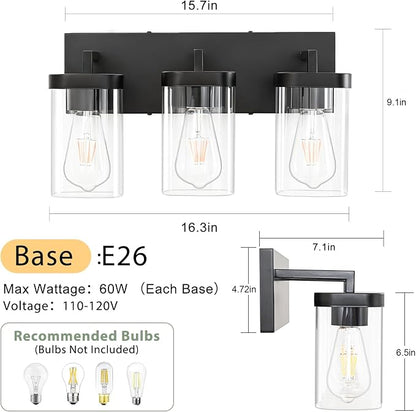 3-Light Bathroom Lighting Fixtures over Mirror, Matte Black Vanity Lights with Square Transparent Glass Shade, Modern Bathroom Vanity Light for Mirror Kitchen, Living Room, Gallery, Hallway